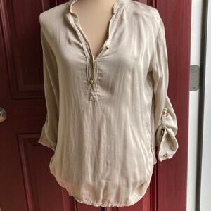 Ama Henley Pullover Blouse Women Italy Sz 7 Cream Viscose Gold Buttons Tunic